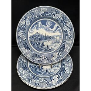 (2) Johnson Brothers Historic America Boston, Mass 10" Blue Dinner Plates VTG